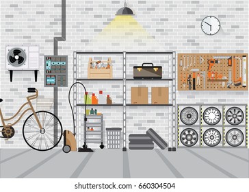 Modern interior storage room with metal shelf, storage box on the wall, flat design vector illustration.