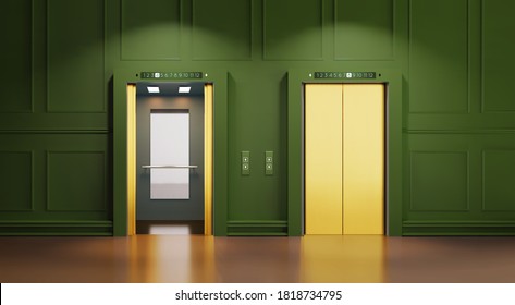 Modern Interior With Two Golden Lift Doors. Office Hallway With Open And Closed Elevator Cabins. Chrome Metal Hotel Building Elevator Doors. Vector Realistic Illustration Of Lift Door, Panel Metal