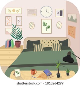 Modern interior vector hand drown illustration. Bedroom furniture. Bedroom modern design. Beautiful modern apartment interior.  Wooden bed in modern interior space. Living room.