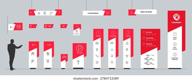 Modern interior wayfinding signage pylon design. Wall hanging lightbox board template. Commercial building department store directory screen display layout. Square indoor WC sign mockup vector.