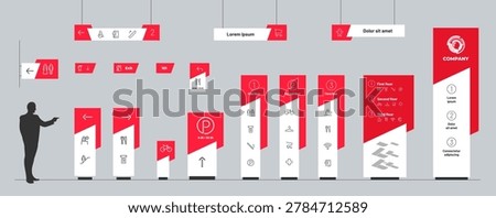 Modern interior wayfinding signage pylon design. Wall hanging lightbox board template. Commercial building department store directory screen display layout. Square indoor WC sign mockup vector.