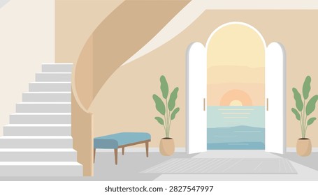 Modern interior with white stairs, arched open doors revealing a scenic sunset over the calm ocean with potted green plants on sides.