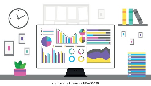 Modern interior of Workplace room, office or cabinet. Office computer with infographics on screen. Colorful vector illustration in flat style. Mock up.