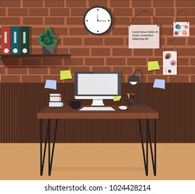 Modern interior of the workspace, office or coworking. New furniture. A brick wall with a shelf, plants, paintings, folders, computer, books, pencils, a table lamp, a mug of coffee. Vector