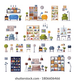 Modern Interiors with Comfy Furniture Set, Cozy Apartments Design, Home Decor Collection Vector Illustration