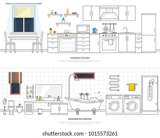 Modern interiors of the kitchen and bathroom. Furniture and accessories. Vector illustration in a linear style