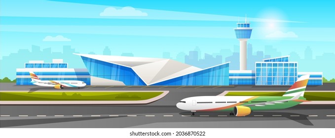 Modern international airport building with airplanes, terminal, runway and gate. Panoramic aerodrome landscape. Urban architecture with clouds and sky in the background. Vector graphic illustration