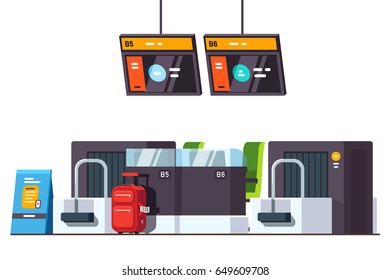Modern international airport check in desk counter with weighting luggage belt and security check point metal detector and x-ray scanner. Flat style vector illustration isolated on white background.
