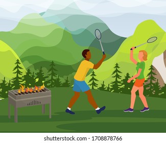 Modern international lovely couple date park picnic, female male pair play badminton game flat vector illustration. Mountain landscape national forest place. Outdoor barbecue chargrill.