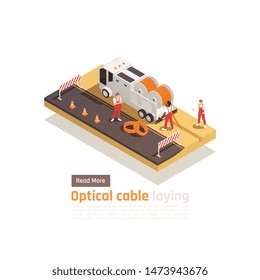 Modern internet 5g communication technology isometric composition with clickable button text and images of benders crew vector illustration