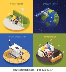 Modern internet 5g communication technology isometric 2x2 design concept with conceptual images of people and infrastructure vector illustration