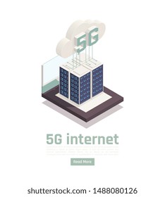 Modern internet 5g communication technology isometric composition with editable text clickable button and conceptual tech images vector illustration
