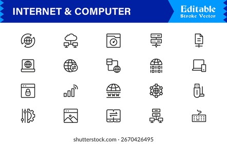 Internet moderna e ícone do computador definido no estilo da linha do vetor com rede, nuvem e símbolos da tecnologia