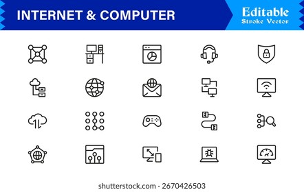 Modern Internet and Computer Icon Set in Vector Line Style Featuring Network, Cloud, and Technology Symbols