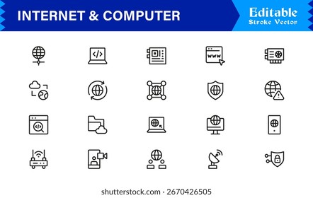 Internet moderna e ícone do computador definido no estilo da linha do vetor com rede, nuvem e símbolos da tecnologia