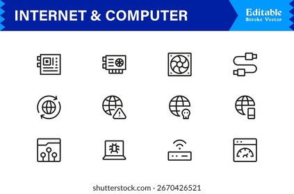 Modern Internet and Computer Icon Set in Vector Line Style Featuring Network, Cloud, and Technology Symbols