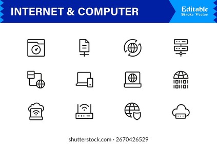 Icono moderno de Internet y computadora en estilo de línea de Vector con símbolos de red, nube y Tecnología