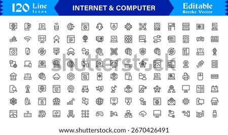 Modern Internet and Computer Icon Set in Vector Line Style Featuring Network, Cloud, and Technology Symbols
