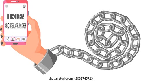 Modern internet and social networks addiction metaphor. Iron chain on smartphone screen, dominance of gadgets. Flat vector concept social media and internet nomophobia and digital detox illustration