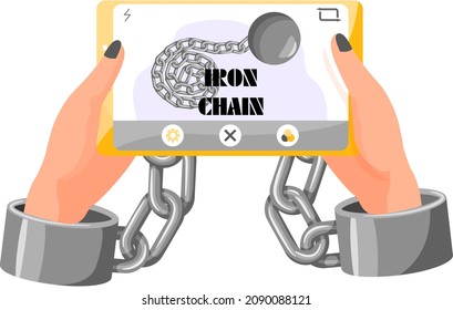Modern internet and social networks addiction metaphor. Iron chain on smartphone screen, dominance of gadgets. Flat vector concept social media and internet nomophobia and digital detox illustration