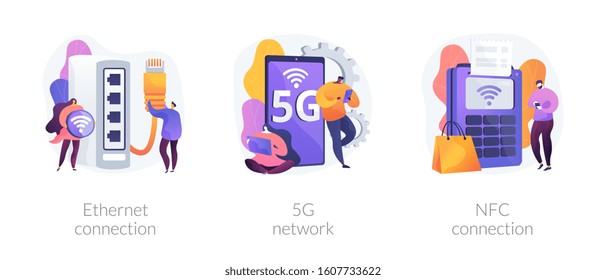 Modern Internet technologies. Wireless network access, contactless payments, Iot system. Ethernet connection, 5g network, NFC connection metaphors. Vector isolated concept metaphor illustrations.