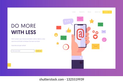 Modern Internet Technology Concept Landing Page. Email Network Marketing, Social Media and Digital Marketing, Social Network Promotion Concept Website or Web Page. Flat Cartoon Vector Illustration.