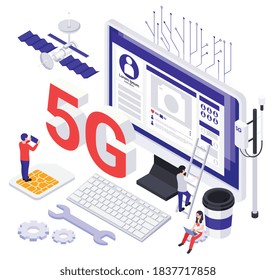 Moderne Internet-Technologie isometrische Icons Satz kleinen Zeichen mit Gadgets und großen Bildern von Computersim-Karte und 5G-Text Vektorgrafik
