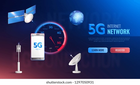 Modern internet technology realistic site design with information about high speed 5g standard data communication vector illustration