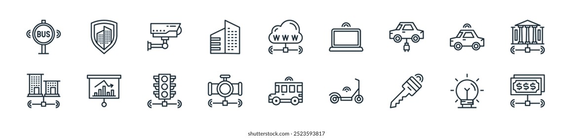 internet moderna de coisas ícone pack. perfeito para projetos de iu linear com vetor dinheiro, ideia, chave, chute scooter, ônibus, vazamento, semáforo e mais ícones para aplicativos móveis e web.