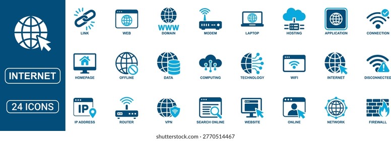 Modern internet and web technology solid icon set featuring website, link, data, domain, hosting, VPN, modem, router, firewall, connection and online communication symbols. Clean and scalable vector icons ideal for UI, apps, web design, and digital projects.