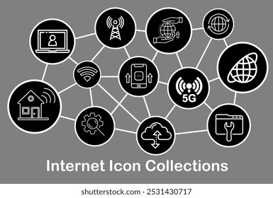 Ein modernes Icon-Set zum Thema Internet mit Symbolen wie 5G, Wi-Fi, Smart Home, Cloud Storage, globaler Konnektivität, mobilen Geräten, Satelliten- und Netzwerkeinstellungen, die die digitale Kommunikation darstellen