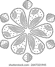 Modern Intricate Cute Symmetrical Abstract Floral Central Design. Arabic Black Polka Dotted Floral Petals Vector Decorated with Curved Lines. Hand Drawn Embroidery, Fabric Floral Design Element. 
