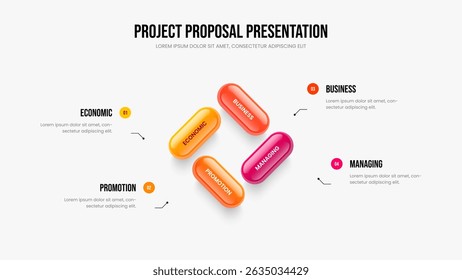 Modern Introduction 4 Option Diagram Slide Design. Market Review Four Element Infographic Slideshow Layout. Marketing Overview Frame Template Vector Illustration.