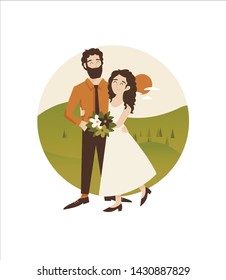 Modern invitation card designs with flowers and lovers are holding flowers at the wedding, for logos, background banners or invitation card designs