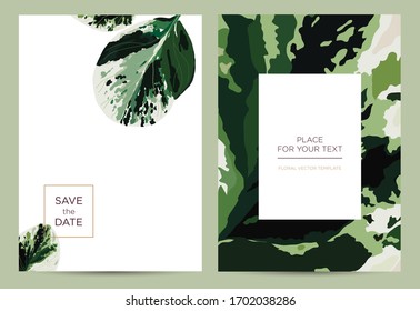 Modern invitation card template in the botanical style. Abstract leaves on a white background. Background for the invitation, shop, beauty salon, spa. Vector illustration