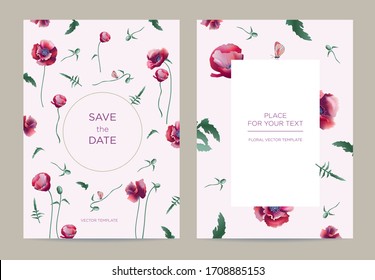 Modern invitation card template in Botanical style. Red poppies on a light pink background. Background for invitation, store, beauty salon, Spa-salon. Vector illustration