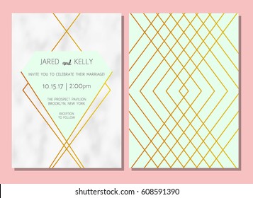 Modern Invitation To The Wedding. Vector Geometric Background With A Pattern Of Marble With Gold Lines