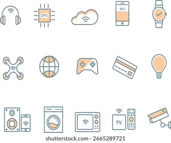 Conjunto de iconos de IoT moderno con dispositivos domésticos inteligentes, conectividad de red y símbolos de automatización. Ideal para presentaciones tecnológicas, App, infografías y proyectos de innovación digital