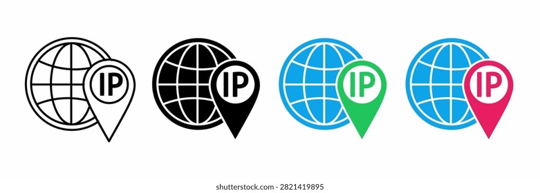 Modern IP address icon set featuring globe and location pin in outline, glyph, and flat color styles. Ideal for networking, internet, cloud, server, security, and web applications.