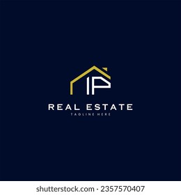 modern IP letter real estate logo in linear style with simple roof building in blue