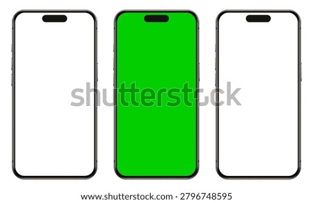 Modern iphone 17 pro max smartphone isolated, mobile phone mockup with empty, green and white screen on transparent background