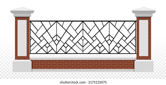 Modern Iron Fence With Red Brick Pillars. Vintage. Vector. Wrought Iron Railing. Handrails. Art Deco Luxury Modern Architecture. Ornamental Fence. Palace. City. Street. Blacksmithing. 