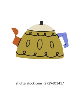 Modern iron kettle for tea, coffee. Cartoon doodle green teapot decorated with design elements. Kitchenware sticker. Beverage flat vector illustration