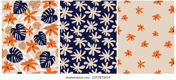 Modern Irregular Floral Seamless Vector Pattern. Simple Tropical Leaves Design. Abstract Jungle Print with Hand Drawn Orange Orchid Flowers and Monstera Leaves on a Beige and Dark Blue Background.