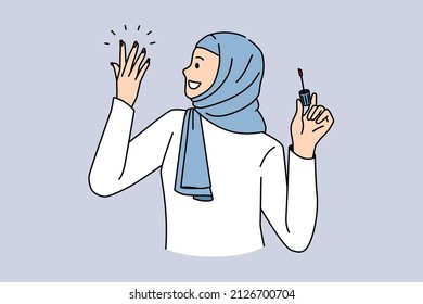 Modern Islam Arabic Women Concept. Smiling Positive Arabic Woman Wearing Traditional Clothes And Headwear Painting Her Nails With Polish Vector Illustration 