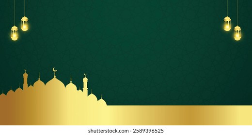 modern islamic background for banner and cover with golden mosque and lantern in frame background decoration