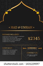 Modern Islamic black design with gold element for hajj or umrah flyer,brochure,banner,background template vector illustration