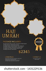 Modern Islamic black design with gold element for hajj or umrah flyer,brochure,banner,background template vector illustration