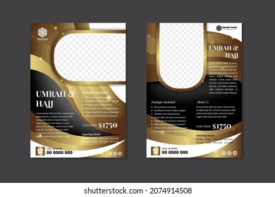 Modern Islamic black design with wave gold element for hajj or umrah flyer, brochure, banner, background template vector illustration. space for photo. 
