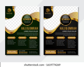 Modern Islamic Black And Green Background Design With Gold Element For Hajj Or Umrah Flyer, Brochure, Banner Template Vector Illustration. Transparency Of Hexagon - Triangle Pattern. 